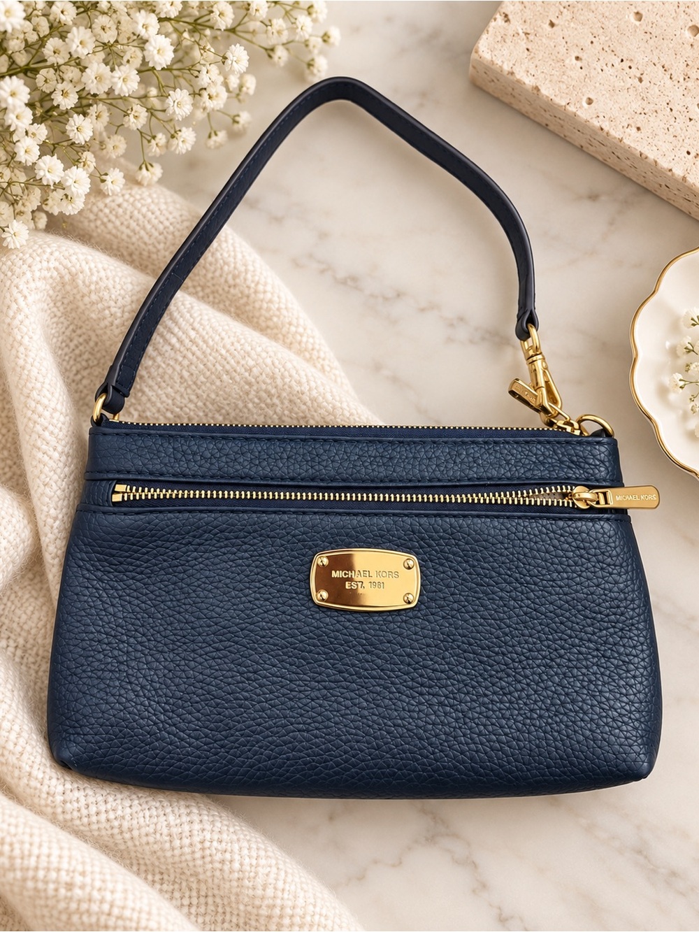 Michael Kors Navy Pebbled Leather Wristlet with Gold Plate
